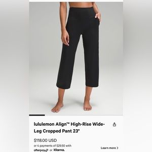 NWT: lululemon align wide leg crop 23” black size 4